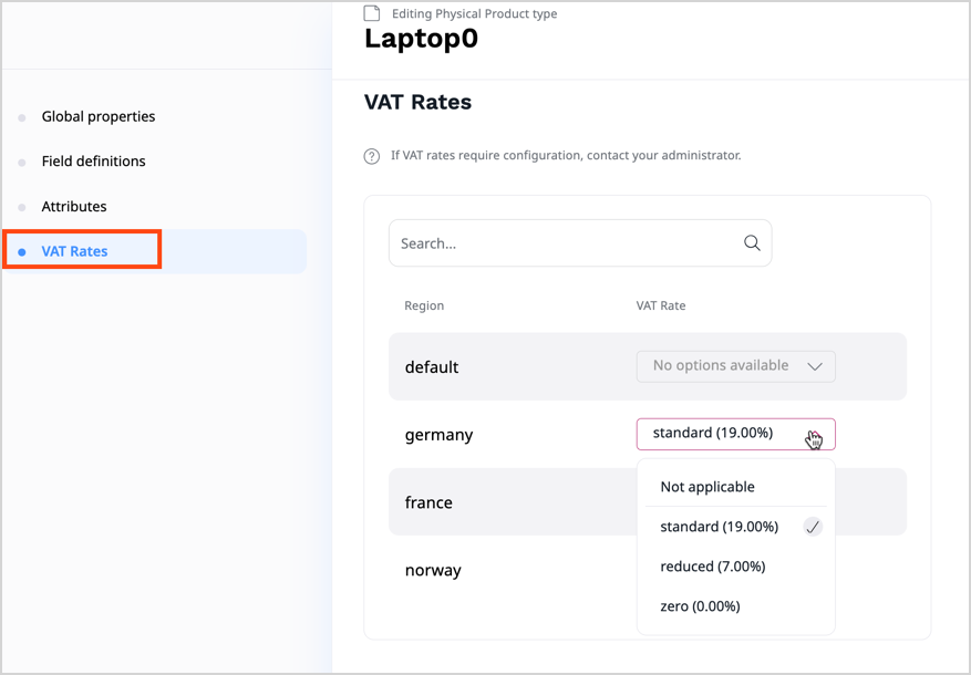Assigning VAT rates to a product type Assigning VAT rates to a product type