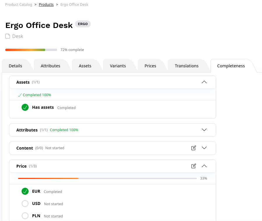 Product completeness tab