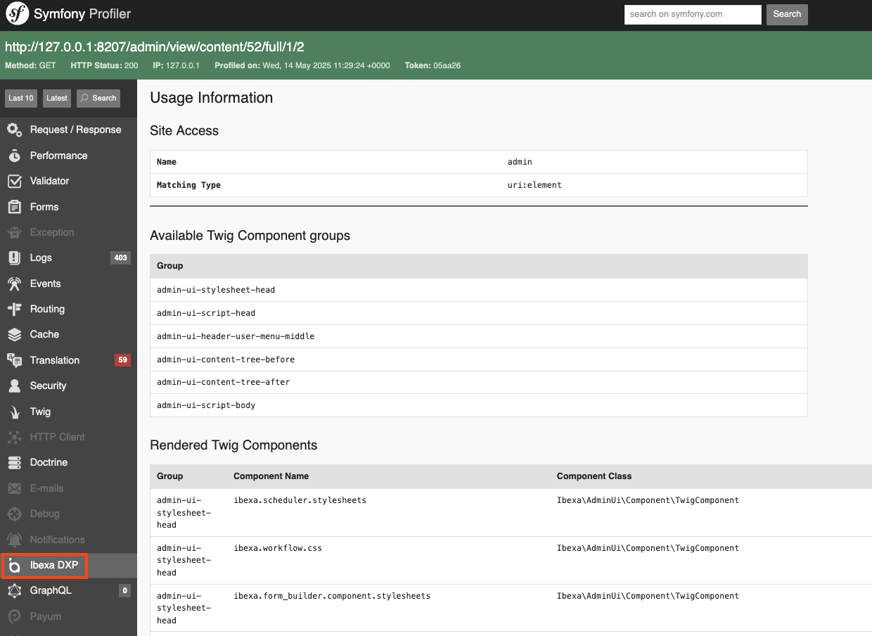 Symfony Profiler showing the list of rendered Twig Components in a back office view